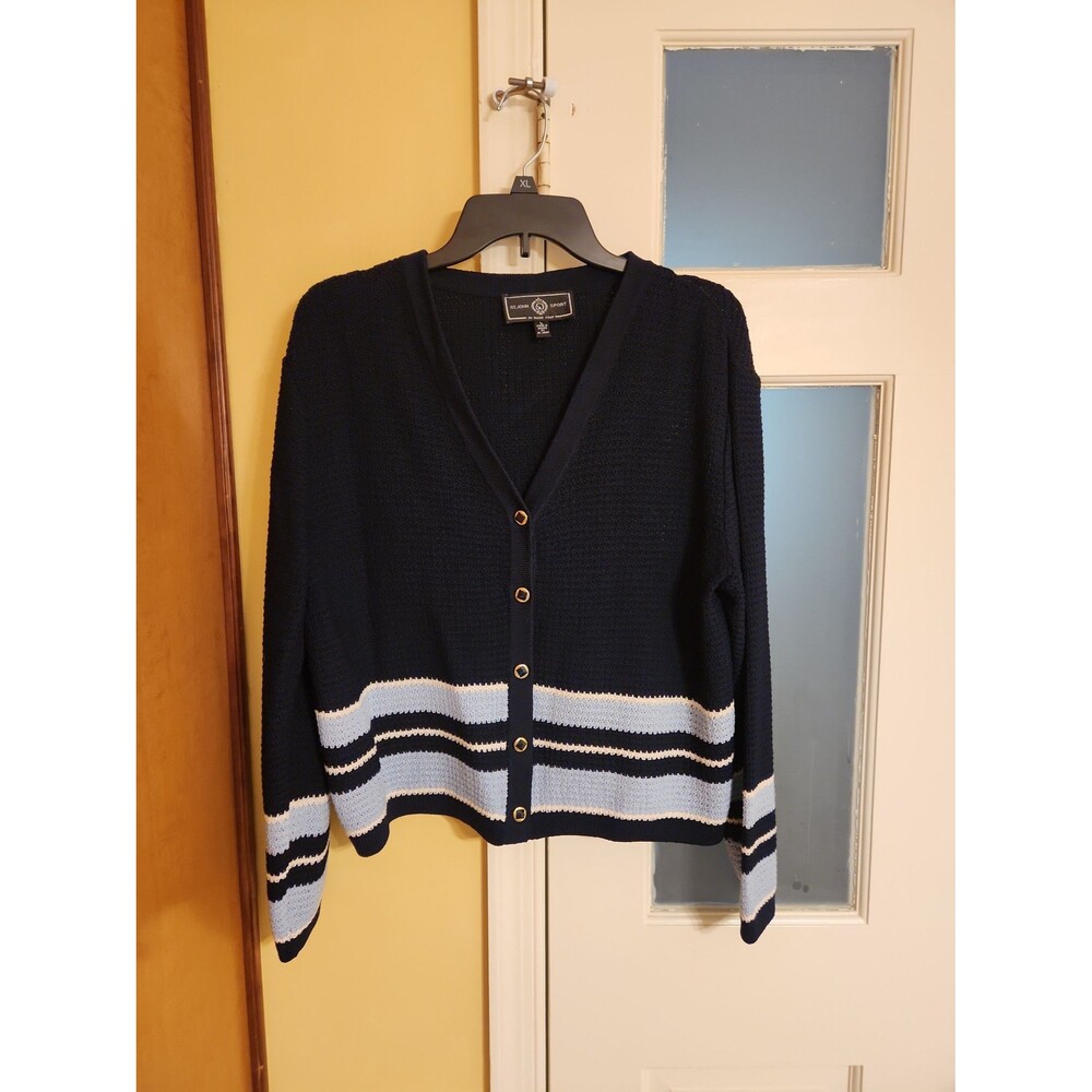 St. John Sport by Marie Gray Dark & Light Blue Striped Buttoned Cardigan Size L